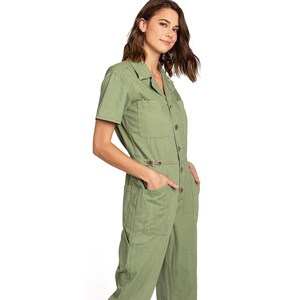 Womens PETITE Coverall Aviator, One Piece Utility Short Sleeve Cotton Jumpsuit