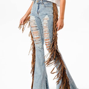 Western High-rise Bell Bottom Flares, Heavy Distressed Denim, Cowgirl Jeans, Fringe Tassels, 34" Inseam Jeans