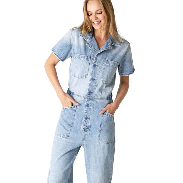 Womens Classic Denim Short Sleeve Aviator Carpenter Coverall Jean Jumpsuit w Adjustable Waist