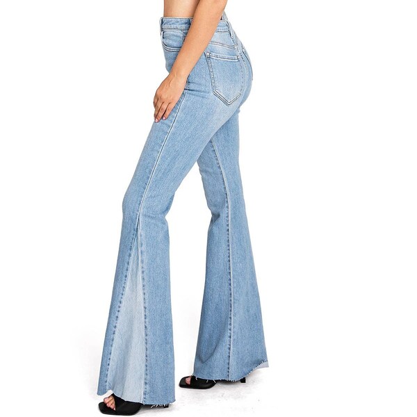 Womens High Waist Retro Two-Tone Denim Flares, Seventies Style Denim Bell Bottoms, Distressed, Frayed Hem Jeans