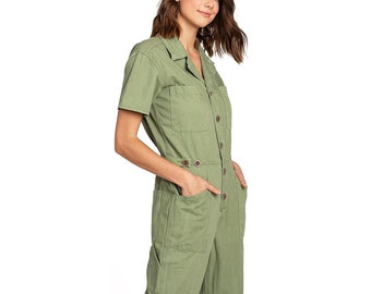 Womens PETITE Coverall Aviator, One Piece Utility Short Sleeve Cotton Jumpsuit