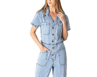 Womens Classic Stone Wash Denim Short Sleeve Aviator Coverall Jean Jumpsuit w Adjustable Waist