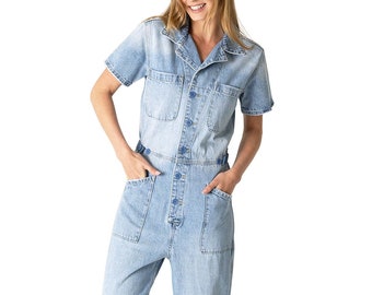 Womens Classic Denim Short Sleeve Aviator Carpenter Coverall Jean Jumpsuit w Adjustable Waist