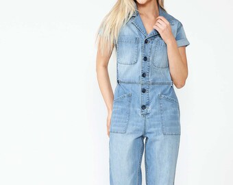 Womens Coverall Aviator, One Piece Utility Short Sleeve Cotton Jean Jumpsuit