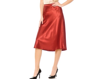 Silky Satin Midi Skirt, Womens A-Line Light-Weight Elastic Waist Skirt