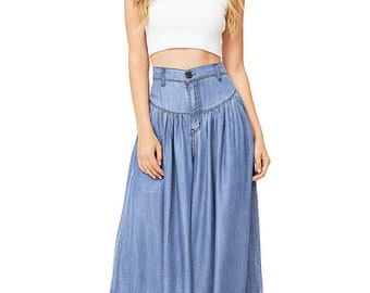 Wide leg striped pleated denim pants in gaucho style 90/'s vintage pretty novelty low waist maxi pants Along with wide elasticated belt