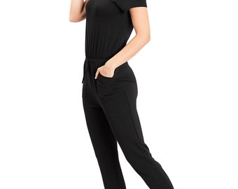 Women's Casual Comfortable Skinny Leg Athleisure, Short Sleeve, Fitted Stretchy Jumpsuit