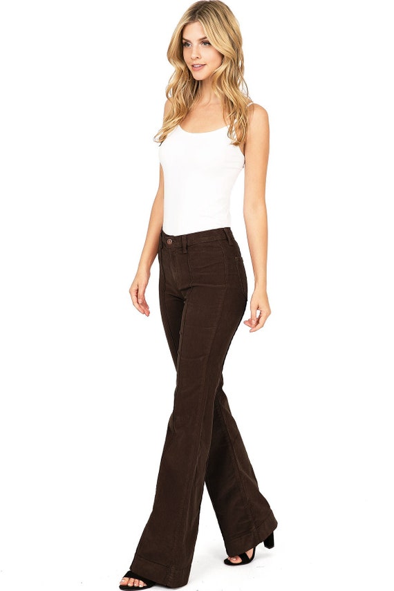 Women's High Rise Retro Corduroy Bell Bottoms Stretch Flare Pants 