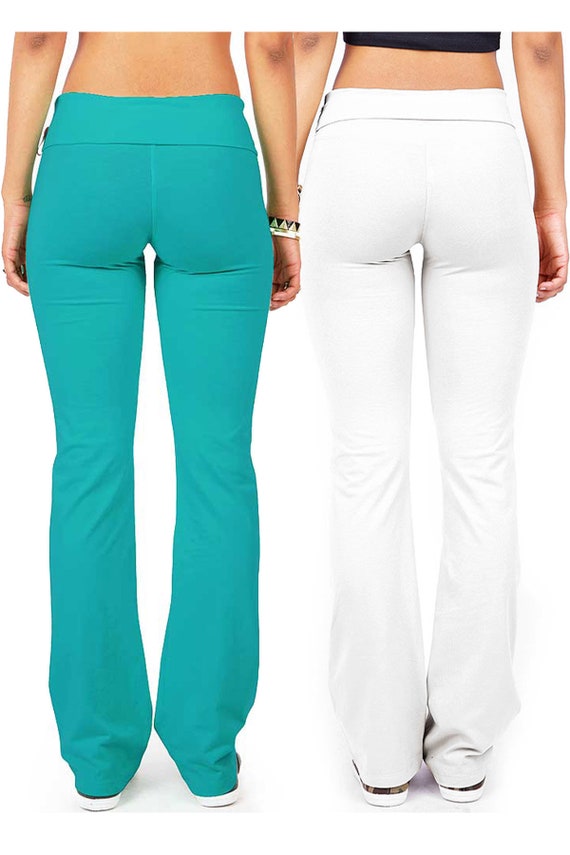 Women's 2000s Fold Over Waistband, Y2K Bootcut Cotton-blend Yoga Pants,  Brown, Jade White -  UK