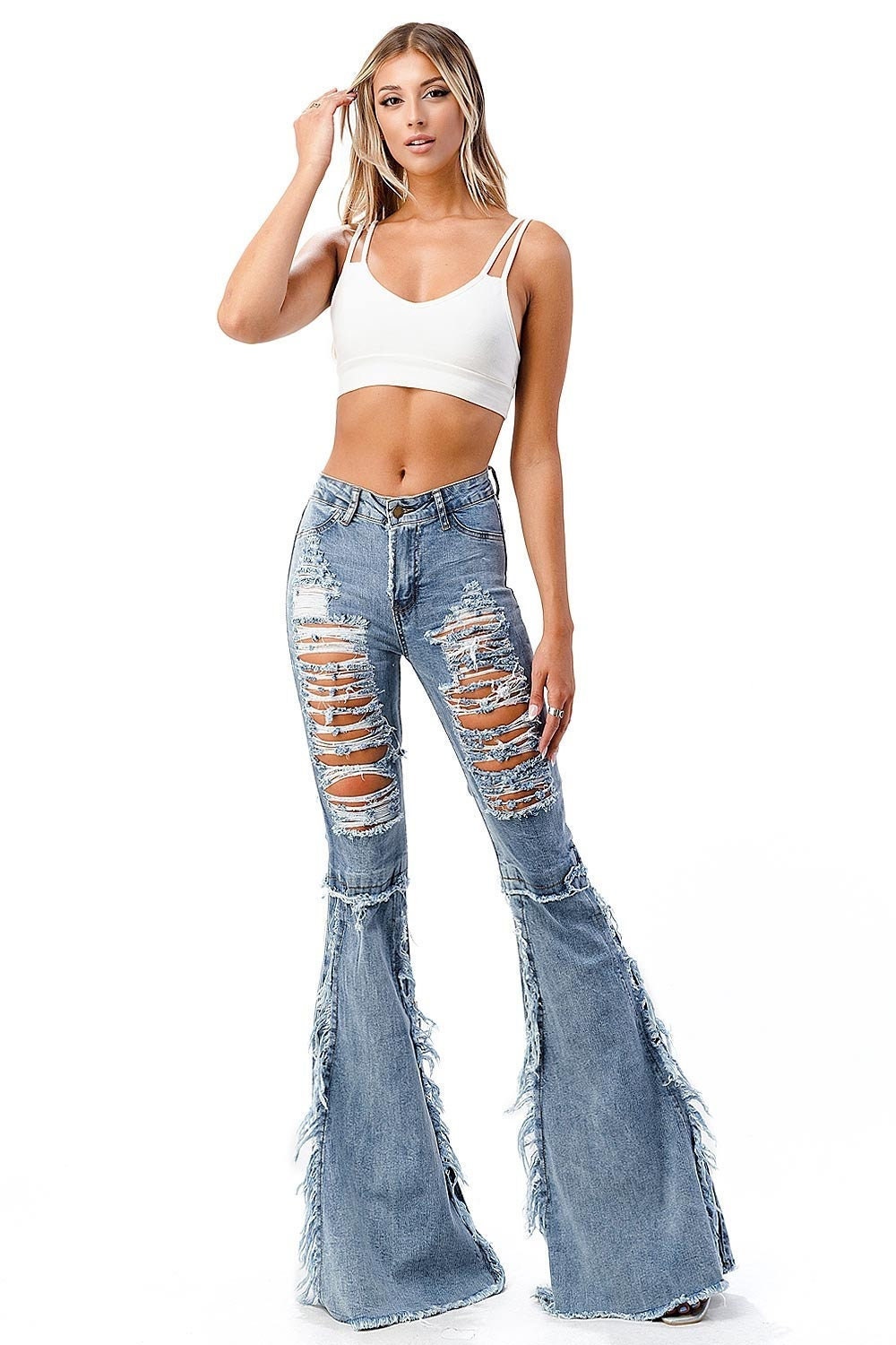 High-rise Bell Bottom Jeans With Heavy Distressing, Unique Boho Flare Tall  34 Inseam Pants -  Norway