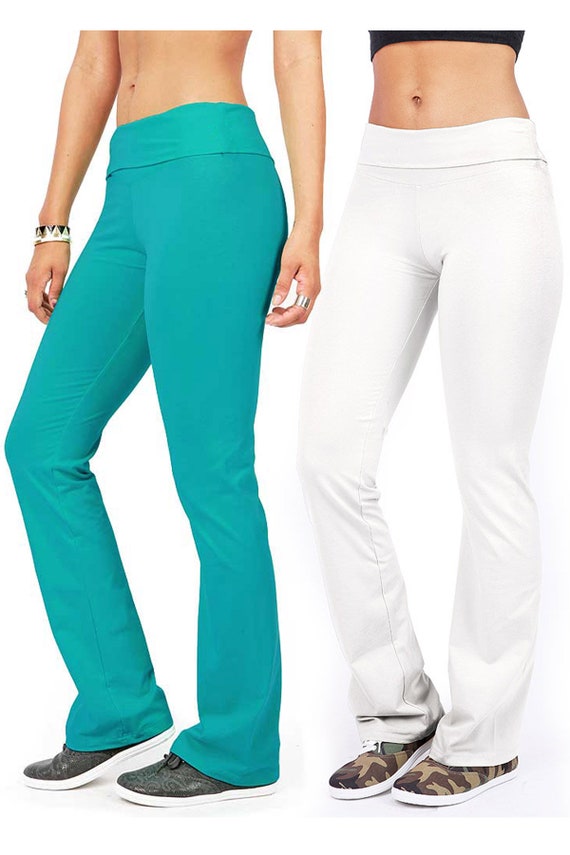 Women's 2000s Fold Over Waistband, Y2K Bootcut Cotton-blend Yoga Pants,  Brown, Jade White 