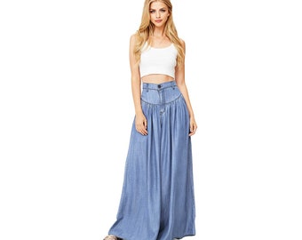 Super Wide-leg Pleated Chambray Tencel Pants With Pockets