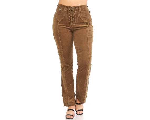 PLUS SIZE 90s Revolt High Rise Old West Retro Stretch Corduroy Pants, Front  Lace up Closure Western Look 