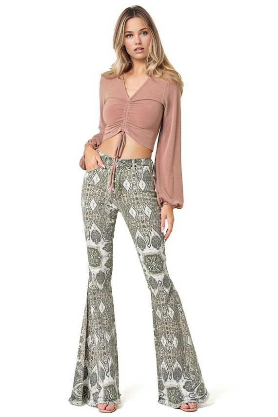 High Waist Paisley Print Pants, Stretchy Denim Flares, Festival Bell  Bottoms, Bohemian Frayed Hem Bell Bottoms