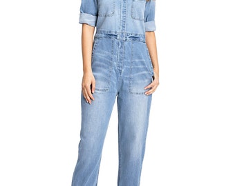 Womens Denim Coverall Aviator, One Piece Utility Jean Relax Fit Jumpsuit