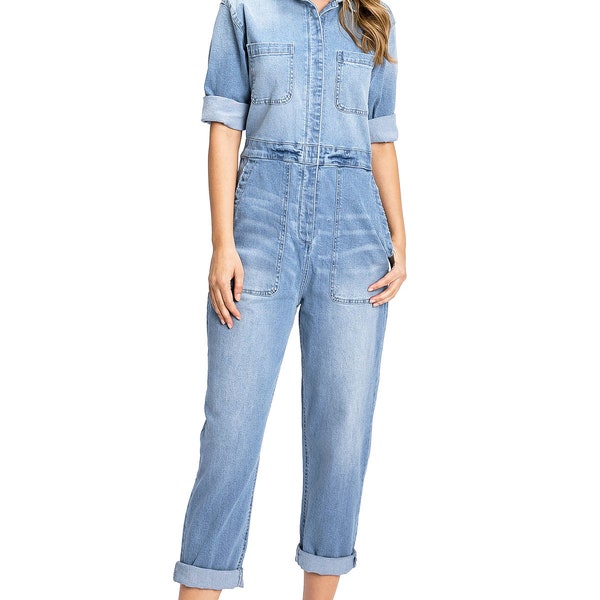 Womens Denim Coverall Aviator, One Piece Utility Jean Relax Fit Jumpsuit