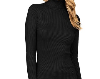 Women's Classic Stretchy Ribbed Turtleneck Top, Long Sleeve Fitted Tops Colors