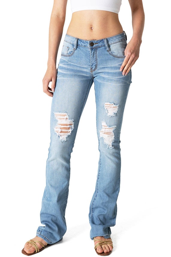 Women's Juniors Y2K 2000's Denim Mid-rise Slim Fit Ripped Distressed Jeans  