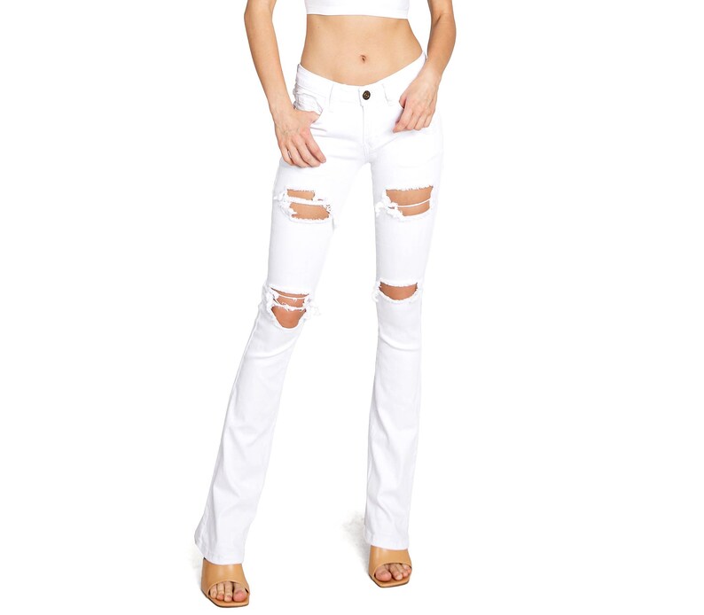 Women's Classic 2000's Denim Skinny Ripped Distressed Jeans, Bootcut Destructed Stretchy Low Rise Y2K pants 