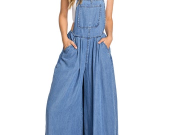 Womens Tencel Bibs Super Wide Leg Boho Jumpsuit Overalls