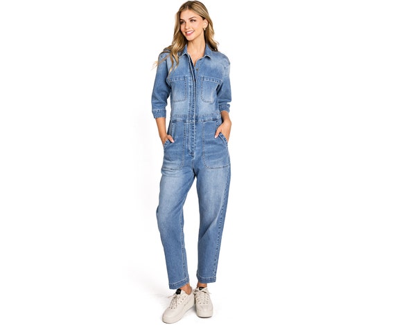 Women's Free Assembly Medium Wash Indigo Long Sleeve Wide Leg Denim Jumpsuit  XS | eBay