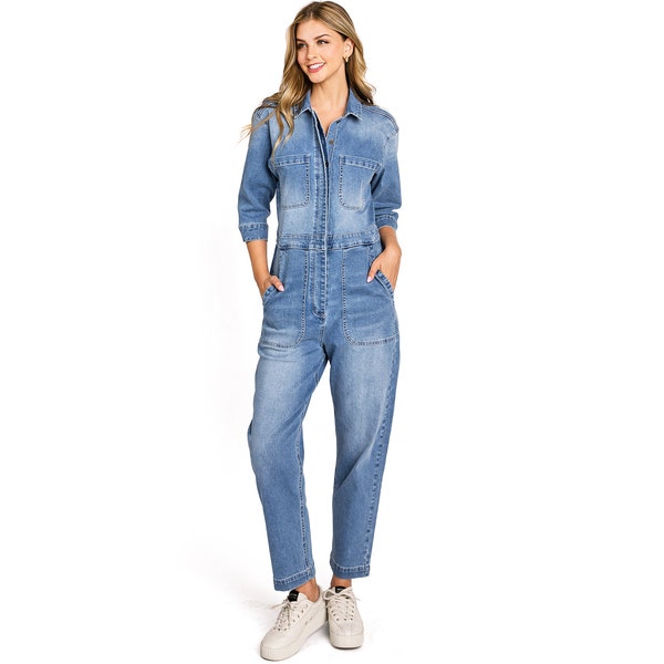 Combinaison en jean aviateur pour femme, combinaison une pièce avec col en jean