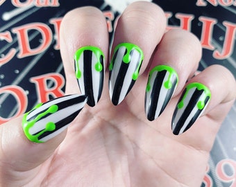 Spooky Halloween Goth Beetlejuice Slime Press On Nails