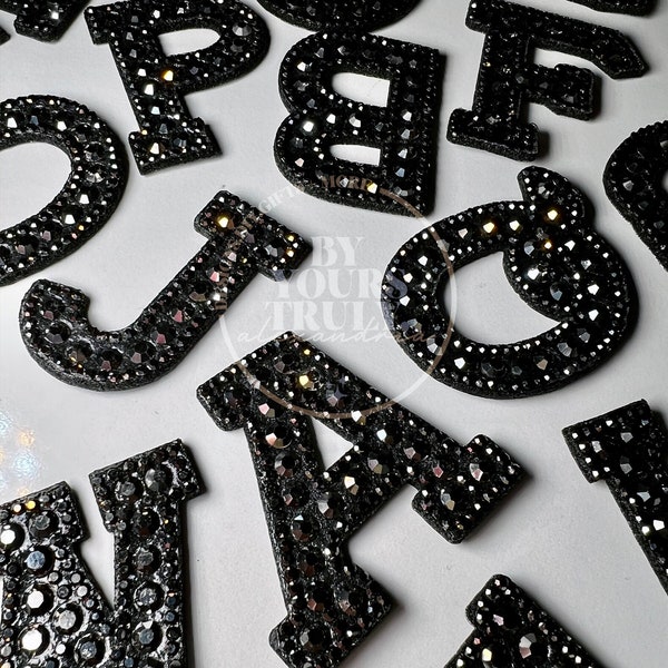 All Black Crystals Rhinestone Iron On Applique Letter Patch • Single Individual Adhesive, DIY, Bridal Gift, Denim Jacket, DIY Crafts