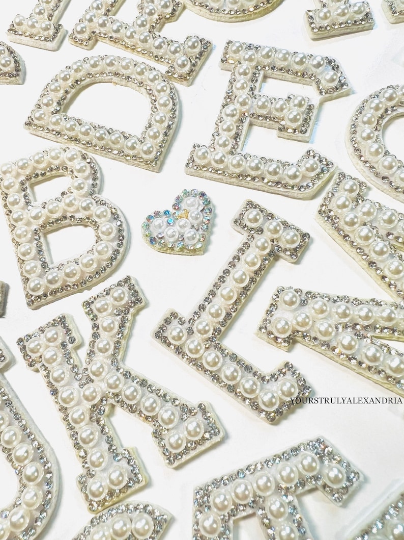White Pearl & Rhinestone Iron on Letter Patches alphabet Etsy