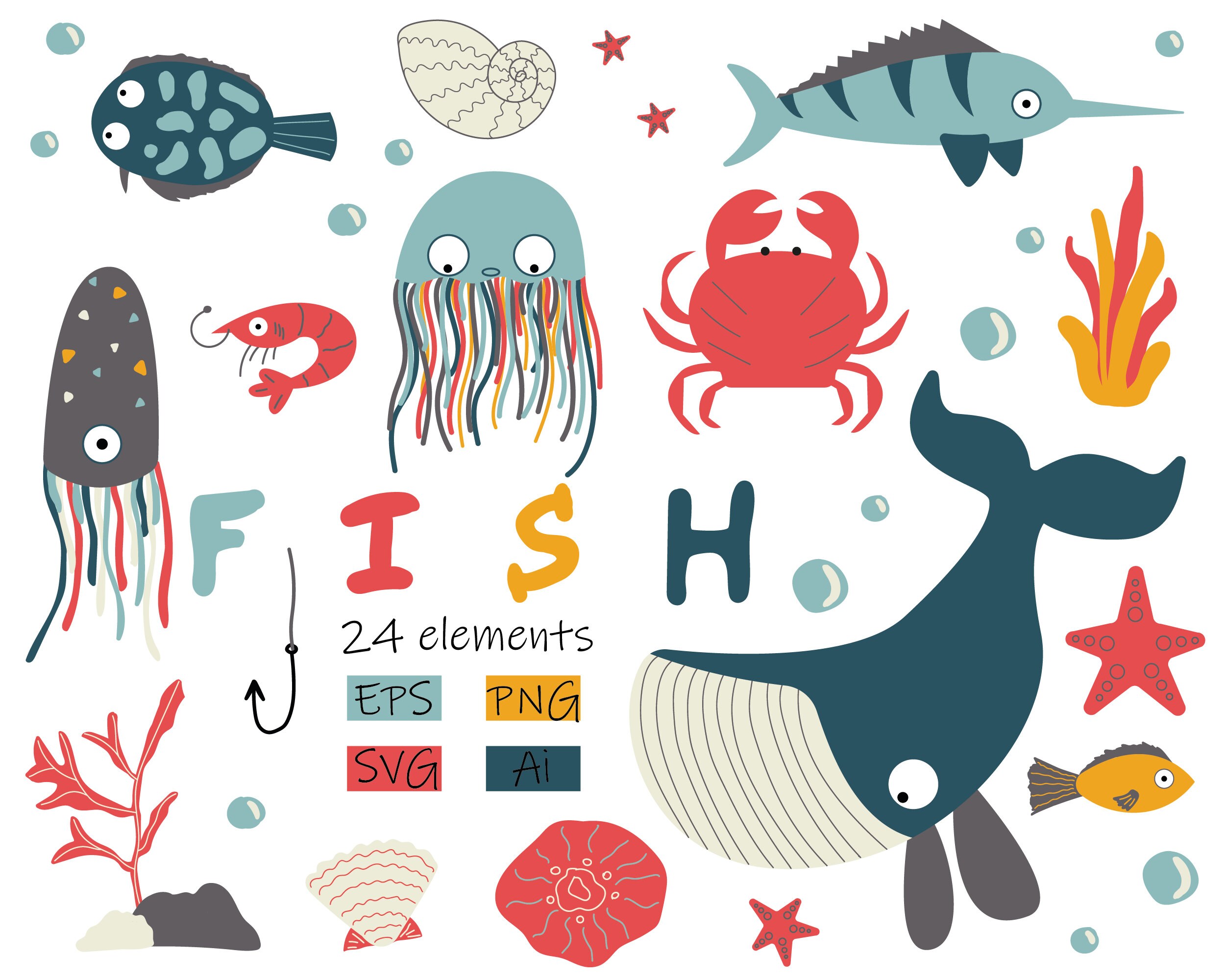 Download Fish Svg Clipart With Whale Crab Ocean And Beach Little Etsy
