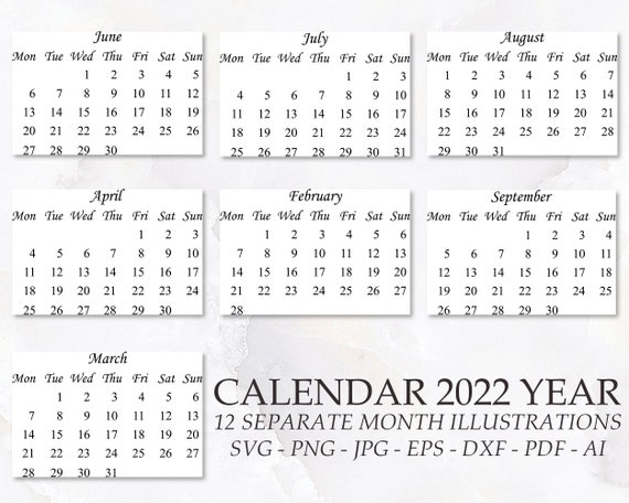 Calendar 2022 Year Svg Png Files And Other. 12 Month | Etsy