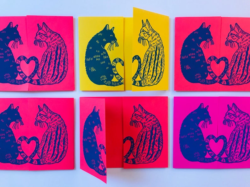 Love Cats Block Printed Valentines Day Card // Gatefold image 2