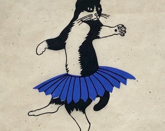 Dancing Cat - Three // Limited Edition Linocut Print