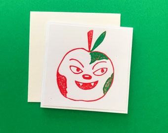 Crabby Apple // Linocut Reduction Print // Rotten Fruit Greeting Card // 3”x3”