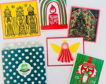 Christmas Card Mystery Bag // 5 Card Bundle // Linocut Greeting Cards