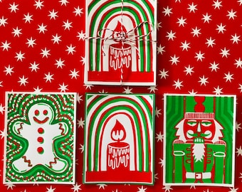 Christmas Card Bundle // 6 CARDS // Two Colour Linocut Print