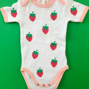 Strawberry Onesie // Linocut Print Pattern // White // 6-9 Months