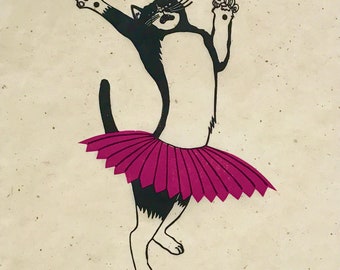 Dancing Cat - Two // Limited Edition Linocut Print