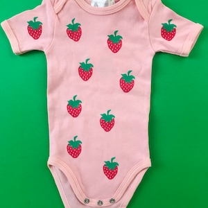 Strawberry Onesie // Linocut Print Pattern // Pink // 6-9 Months