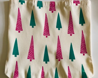 Christmas Forest // Block Printed Tote // Pink and Green