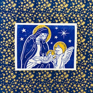 A Cat Was Born // Two Colour Linocut Print Christmas Card