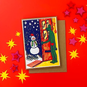 A Frosty Caller // Crocman Christmas Card // Reduction Linocut