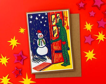 A Frosty Caller // Crocman Christmas Card // Reduction Linocut