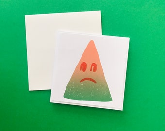 Meloncholy Slice // Linocut Reduction Print // Rotten Fruit Greeting Card // 3”x3”