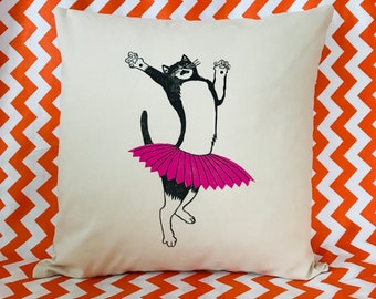 Dancing Cat Two // Throw Cushion Cover // Magenta // Linocut Print