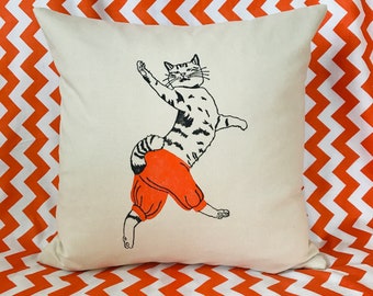 Dancing Cat One // Throw Cushion Cover // Orange // Linocut Print