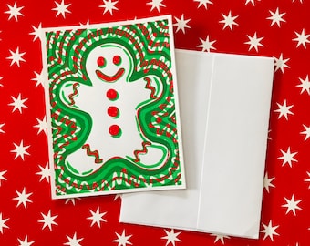 Gingerbread Man Christmas Card // Two Colour Linocut