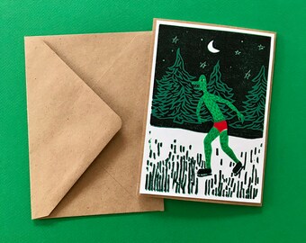 A Croc Man Christmas // Reduction print card // Christmas card // holiday card // handmade printed card // printmaking // whimsical card