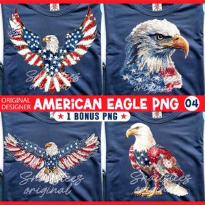 May include: Four navy blue t-shirts with American eagle designs. The eagles feature red, white, and blue patterns, including stars and stripes. The text "AMERICAN EAGLE PNG 04" is displayed in red and white.