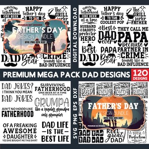 Peut inclure: Ensemble de packs de design numérique pour la fête des pères, avec divers graphiques et éléments textuels. Les designs incluent des phrases comme "Meilleur papa", "Papa ours" et "Partenaire du crime", ainsi que des illustrations.